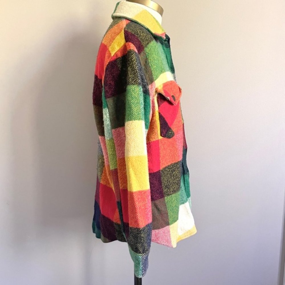 Vintage 70s HBC Coloured Plaid Wool Collared Bell Shirt Shacket - XS/S - Picture 4 of 8